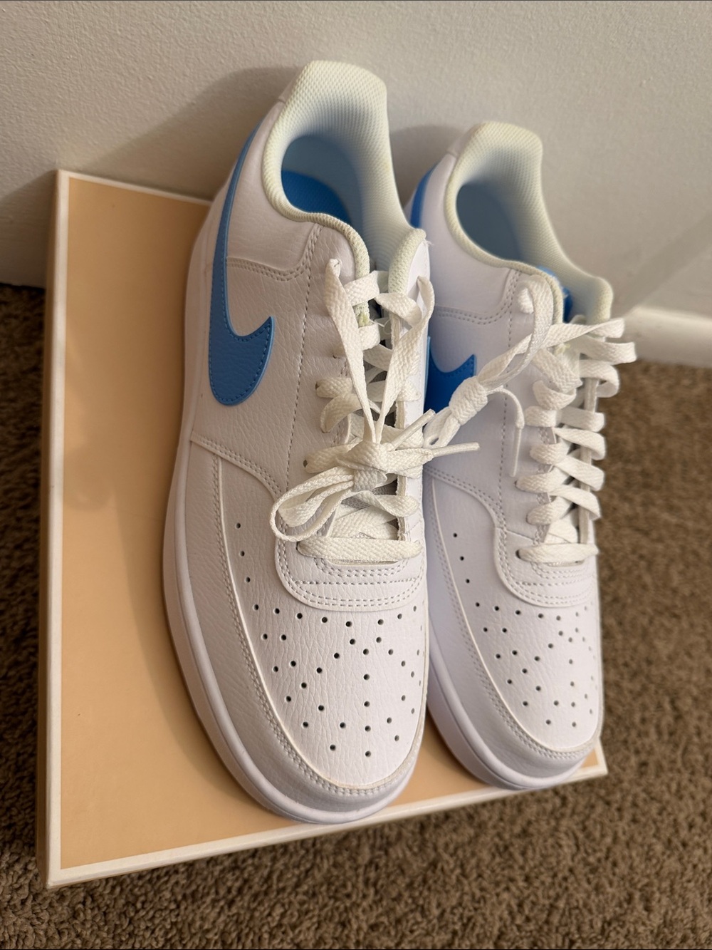 Nike White Low-Top Sneakers with Light Blue Swoosh